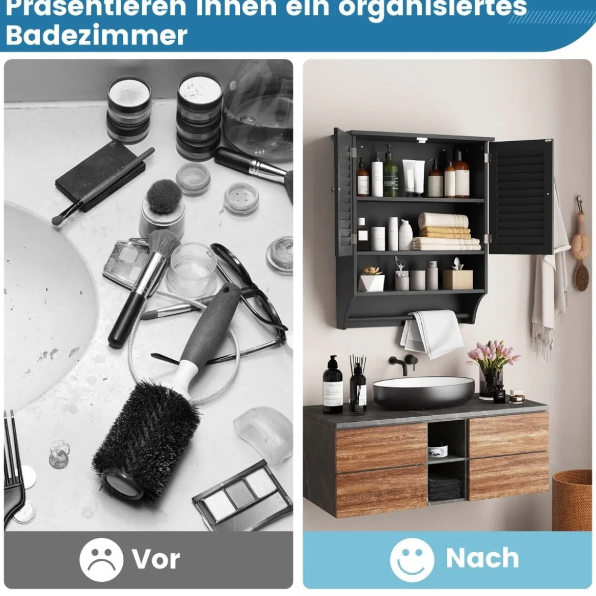 3 Ablagefach Hängeschrank mit Verstellbarem Einlegeboden Badezimmerschrank