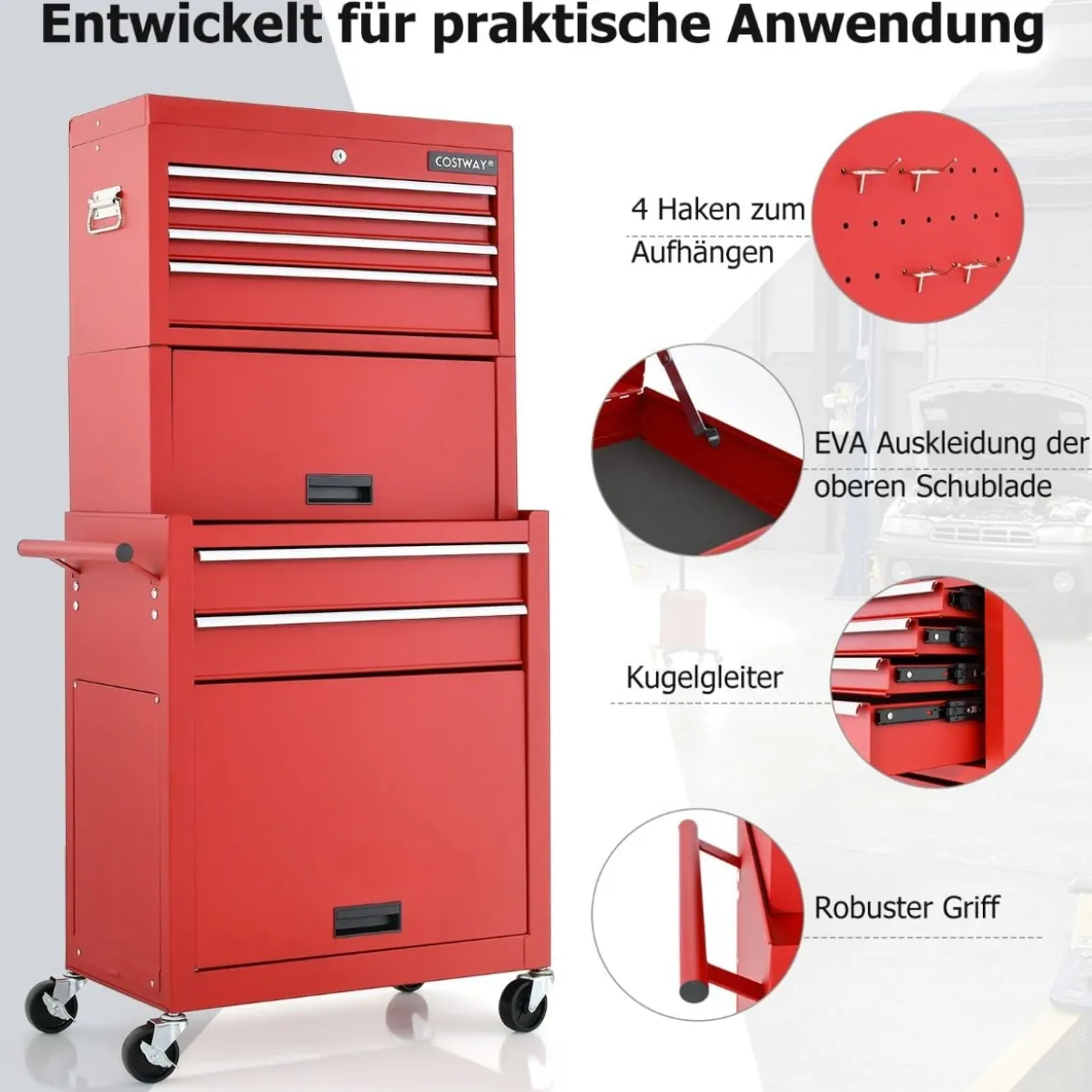 Abschließbarer 2-in-1-Werkzeugtruhe mit hoher Kapazität Griff 6 Schubladen & 4 Rädern abnehmbare Rot
