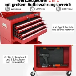 Abschließbarer 2-in-1-Werkzeugtruhe mit hoher Kapazität Griff 6 Schubladen & 4 Rädern abnehmbare Rot