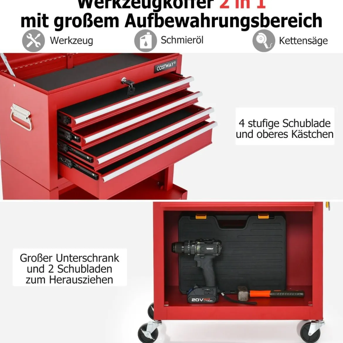 Abschließbarer 2-in-1-Werkzeugtruhe mit hoher Kapazität Griff 6 Schubladen & 4 Rädern abnehmbare Rot