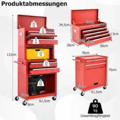 Abschließbarer 2-in-1-Werkzeugtruhe mit hoher Kapazität Griff 6 Schubladen & 4 Rädern abnehmbare Rot