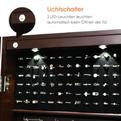 Abschließbarer LED-Schmuckschrank mit Ganzkörper-Spiegel 37 x 9.5 x 108 cm Braun