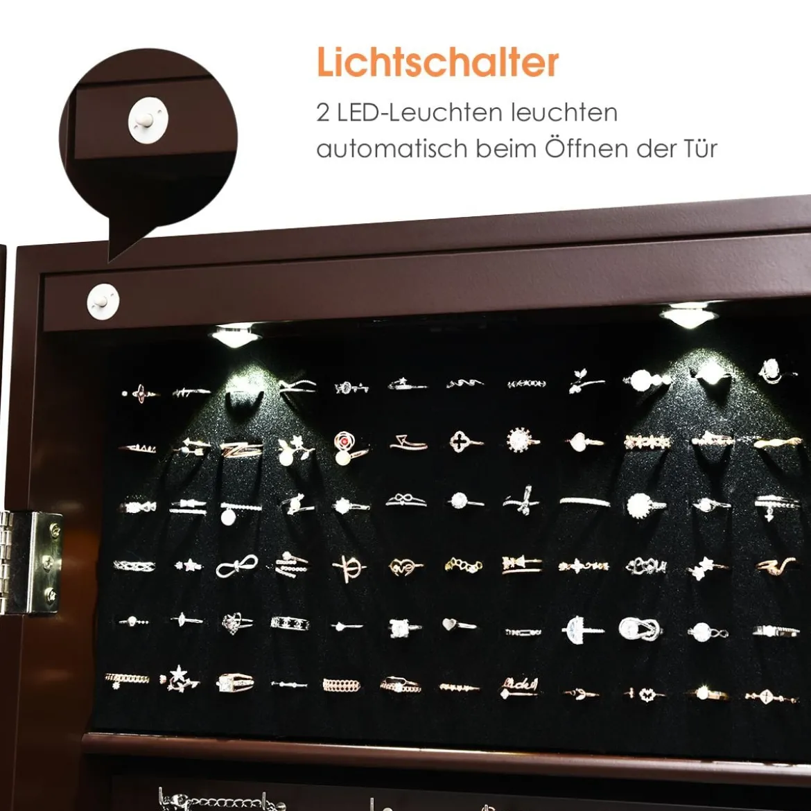 Abschließbarer LED-Schmuckschrank mit Ganzkörper-Spiegel 37 x 9.5 x 108 cm Braun