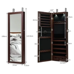 Abschließbarer LED-Schmuckschrank mit Ganzkörper-Spiegel 37 x 9.5 x 108 cm Braun
