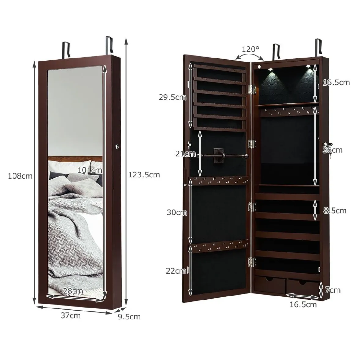 Abschließbarer LED-Schmuckschrank mit Ganzkörper-Spiegel 37 x 9.5 x 108 cm Braun