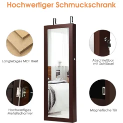 Abschließbarer LED-Schmuckschrank mit Ganzkörper-Spiegel 37 x 9.5 x 108 cm Braun
