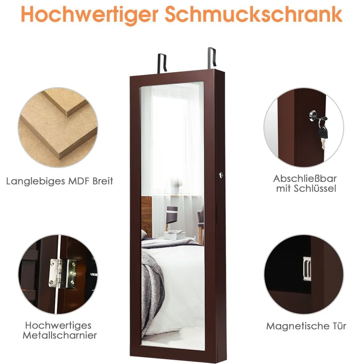 Abschließbarer LED-Schmuckschrank mit Ganzkörper-Spiegel 37 x 9.5 x 108 cm Braun