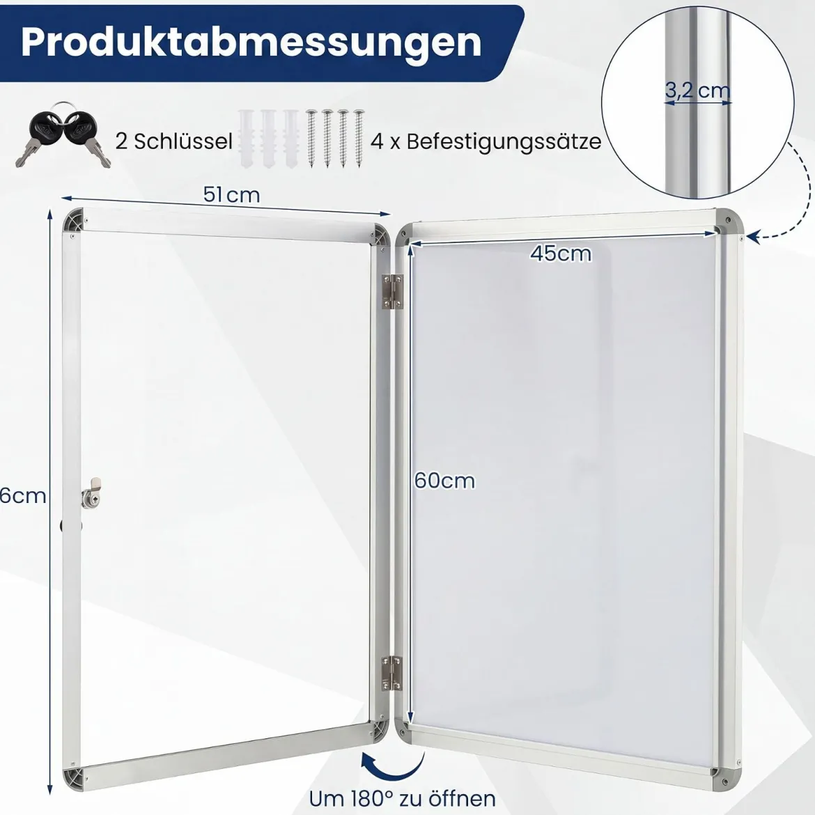 Abschließbarer Schaukasten Infokasten mit Magnetische und Beschreibbare Rückwand 60 x 45 cm
