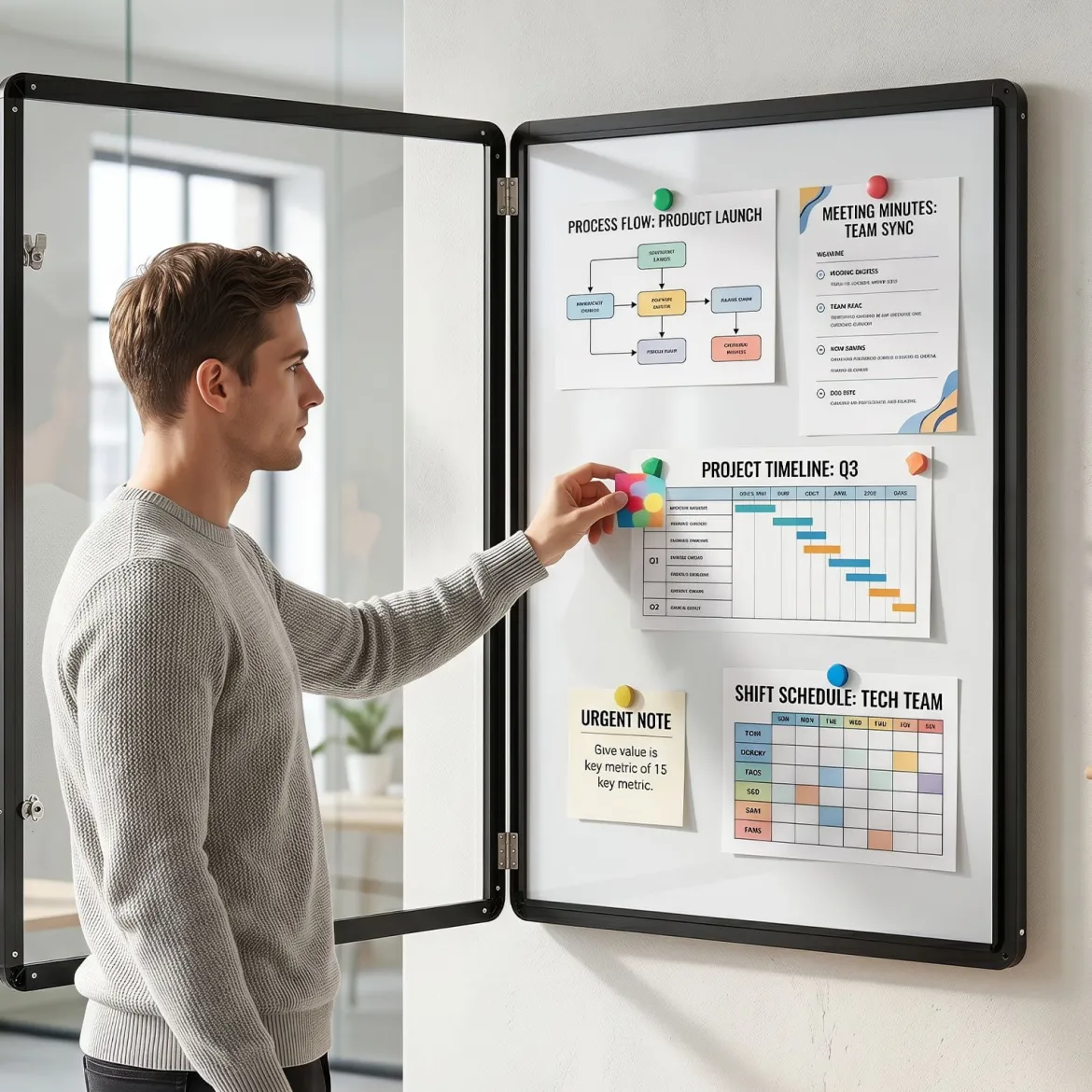 Abschließbarer Schaukasten Infokasten mit Magnetische und Beschreibbare Rückwand 90 x 65 cm