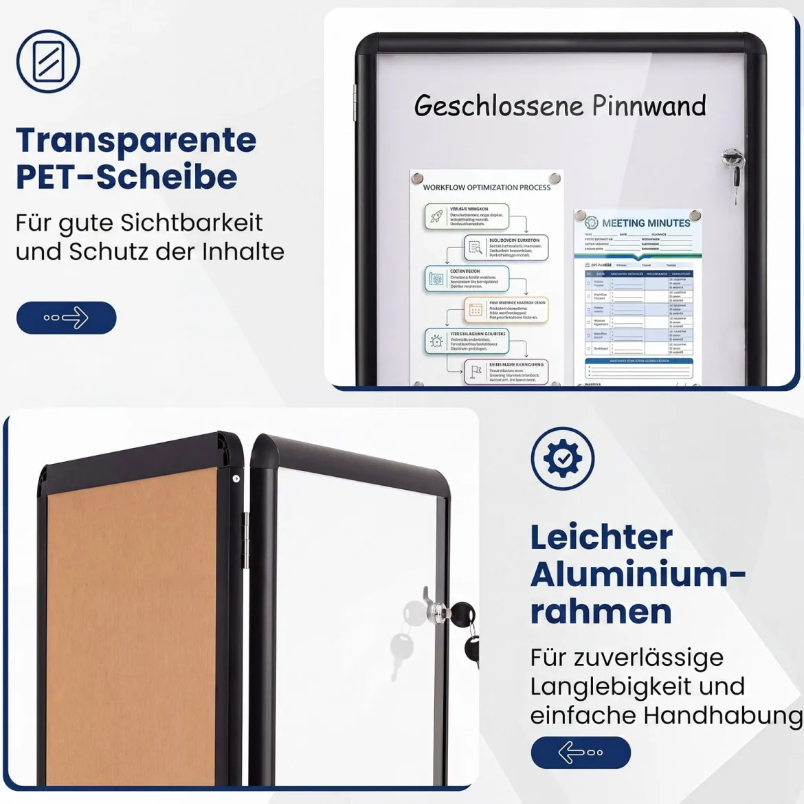 Abschließbarer Schaukasten Infokasten mit Magnetische und Beschreibbare Rückwand 90 x 65 cm