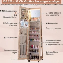 Abschließbarer Schmuckschrank mit Integriertem Schminkspiegel Verstellbaren Ablagen & Stauraum Natur