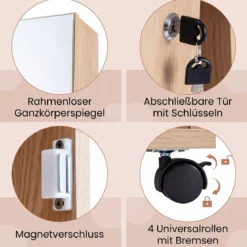 Abschließbarer Schmuckschrank mit Integriertem Schminkspiegel Verstellbaren Ablagen & Stauraum Natur