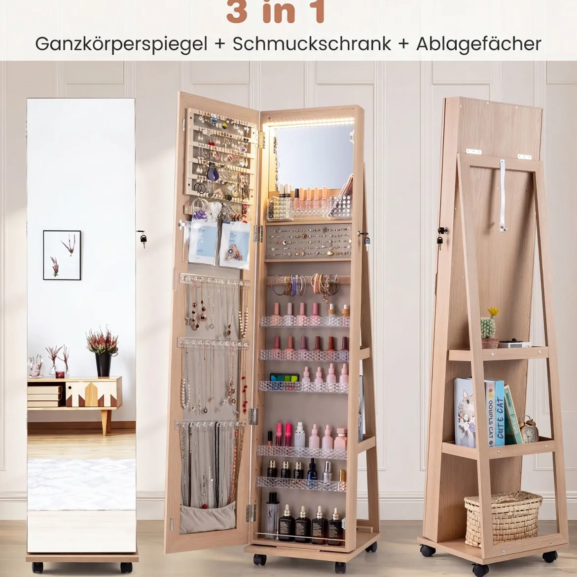 Abschließbarer Schmuckschrank mit Integriertem Schminkspiegel Verstellbaren Ablagen & Stauraum Natur