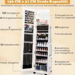 Abschließbarer Schmuckschrank mit integriertem Schminkspiegel verstellbaren Ablagen & Stauraum Weiß