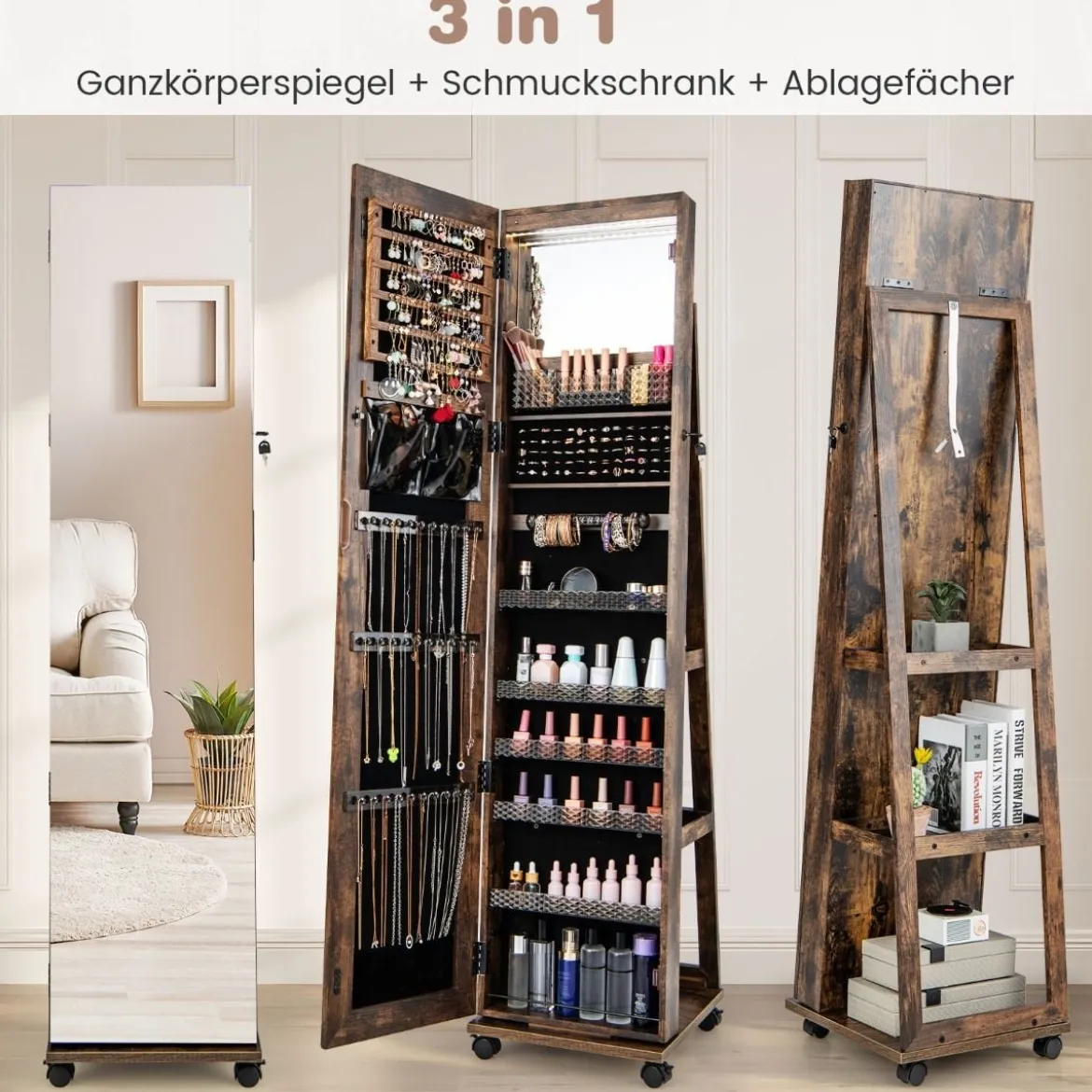 Abschließbarer Schmuckschrank mit integriertem Schminkspiegel verstellbaren Ablagen & Stauraum Kaffee
