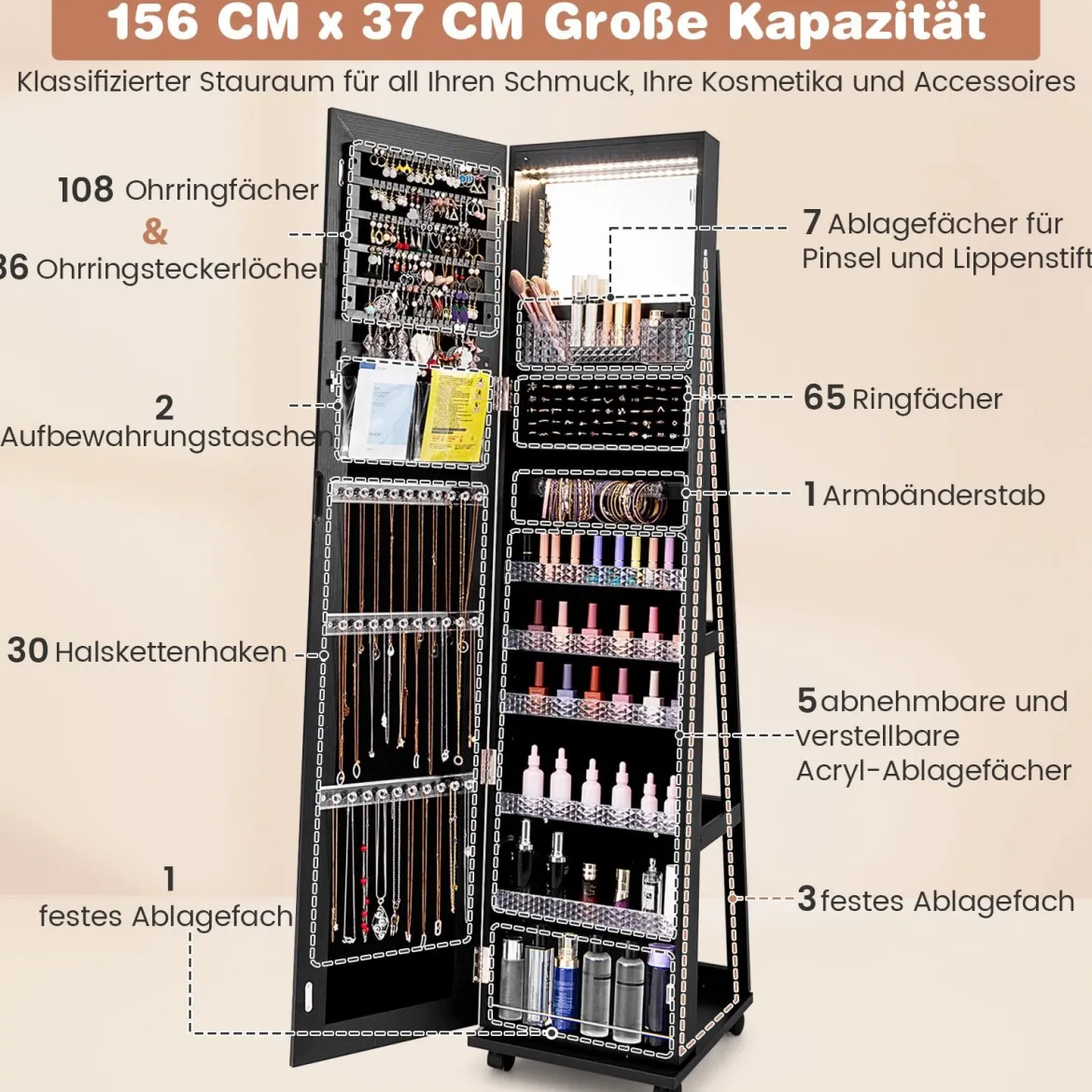Abschließbarer Schmuckschrank mit Integriertem Schminkspiegel Verstellbaren Ablagen & Stauraum Schwarz