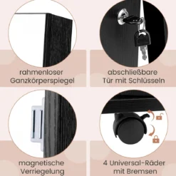 Abschließbarer Schmuckschrank mit Integriertem Schminkspiegel Verstellbaren Ablagen & Stauraum Schwarz
