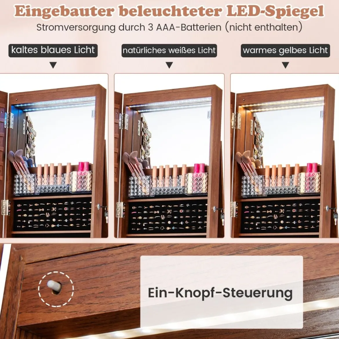 Abschließbarer Schmuckschrank mit integriertem Schminkspiegel verstellbaren Ablagen & Stauraum Braun