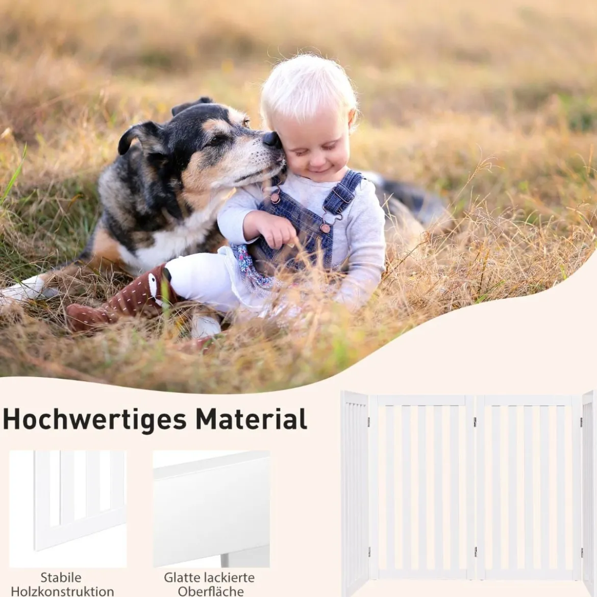 Absperrgitter Hunde 89cm Hoch 4 Paneelen Schutzgitter Holz Kklappbar Weiß