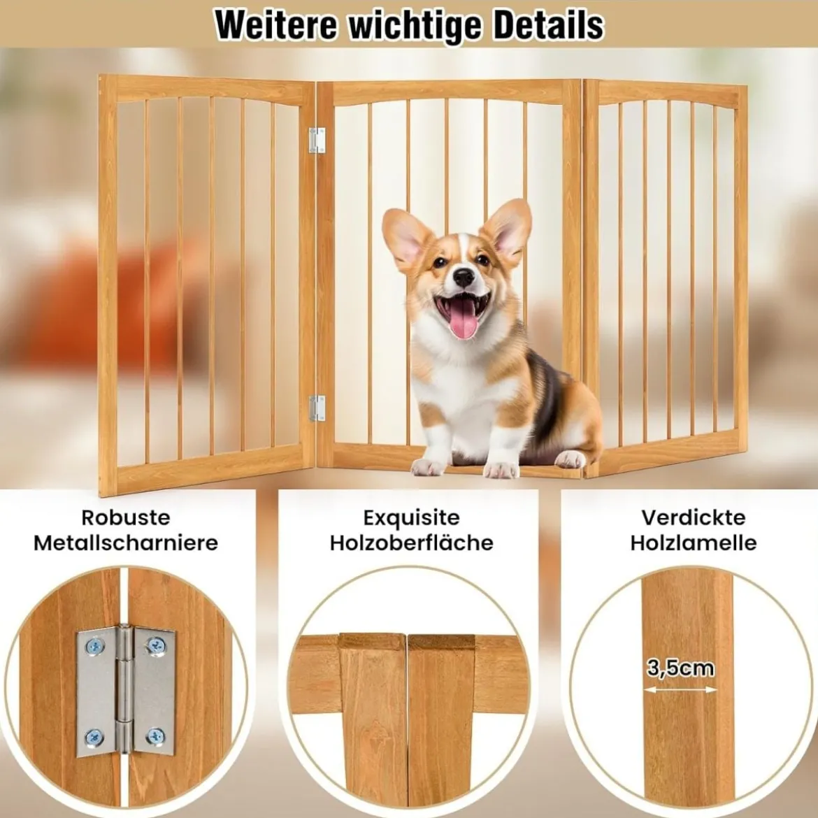 Absperrgitter Hunde 3-teilig Schutzgitter Holz Treppengitter 76cm Hoch Hundeabsperrgitter klappbar Hundegitter Türschutzgitter Natur
