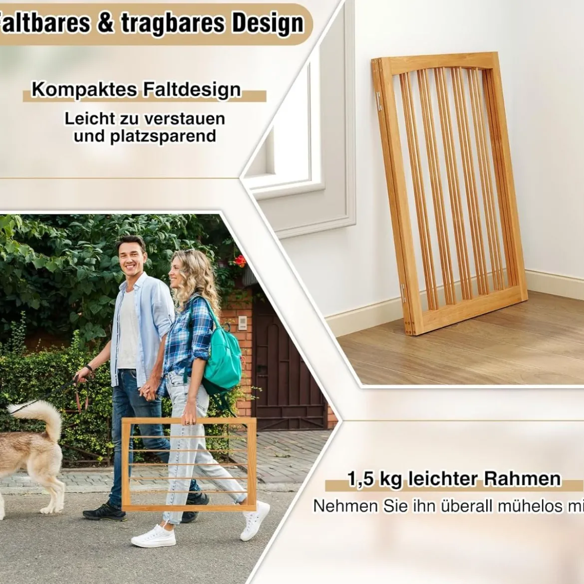 Absperrgitter Hunde 3-teilig Schutzgitter Holz Treppengitter 76cm Hoch Hundeabsperrgitter klappbar Hundegitter Türschutzgitter Natur