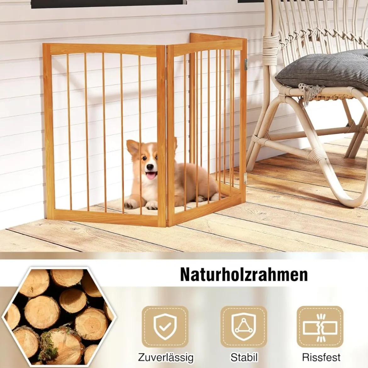 Absperrgitter Hunde 3-teilig Schutzgitter Holz Treppengitter 76cm Hoch Hundeabsperrgitter klappbar Hundegitter Türschutzgitter Natur