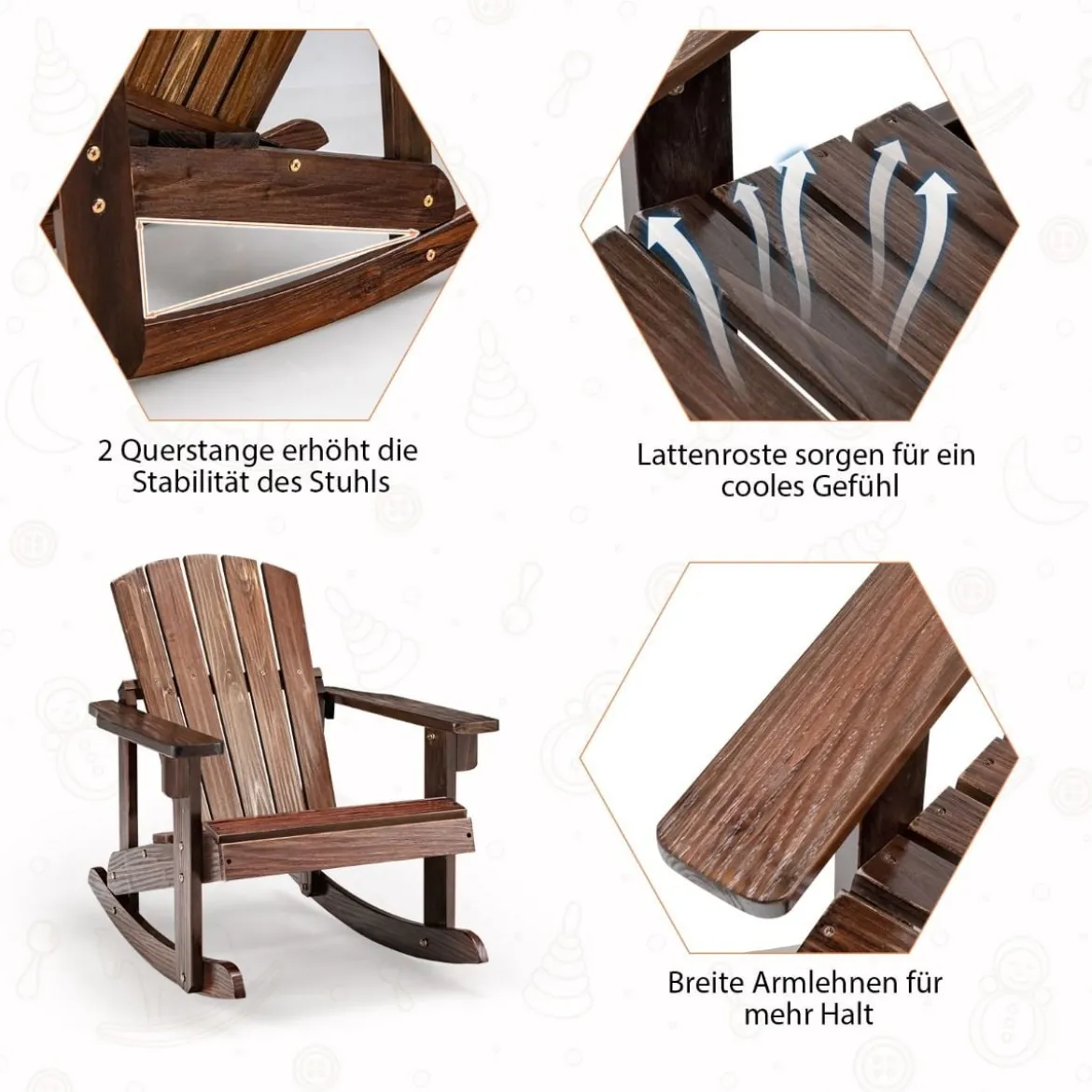 Adirondack-Schaukelstuhl für Kinder Gartensessel aus Holz 50,5 x 69 x 60 cm Braun