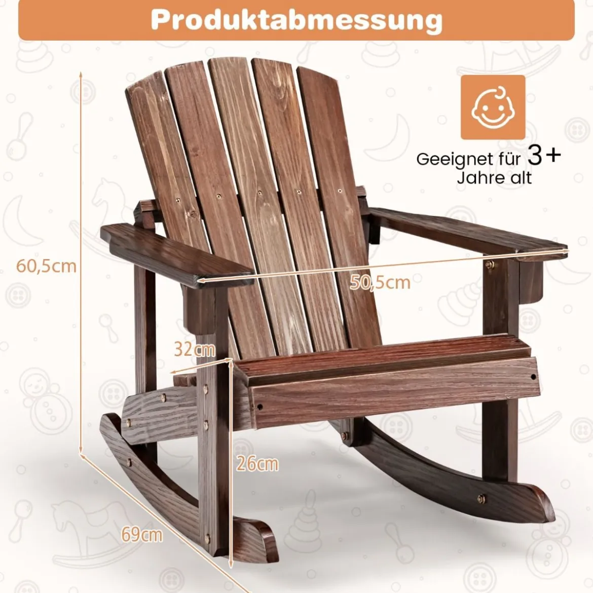 Adirondack-Schaukelstuhl für Kinder Gartensessel aus Holz 50,5 x 69 x 60 cm Braun