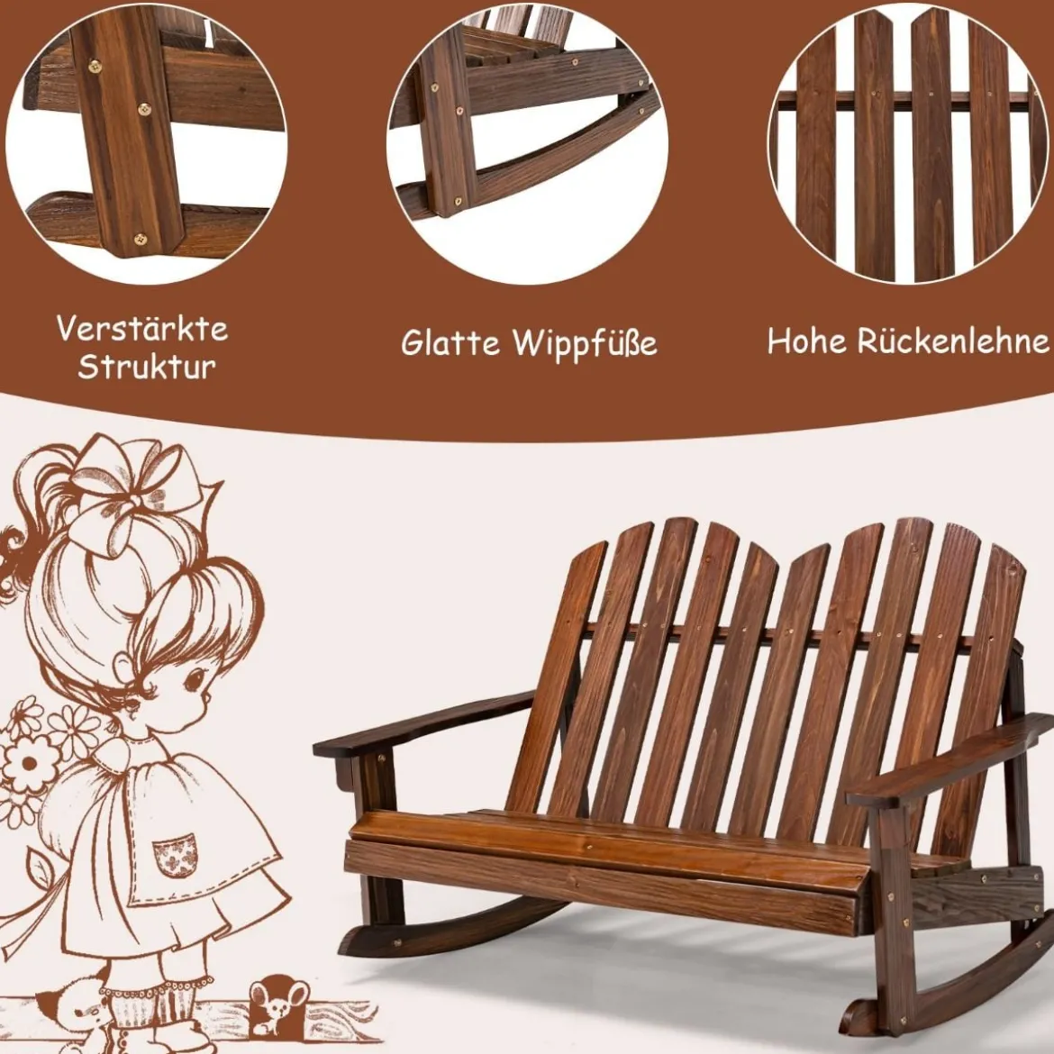 Adirondack-Schaukelstuhl für Kinder 2-Sitzer Gartensessel aus Holz 99,5 x 70 x 68 cm Braun