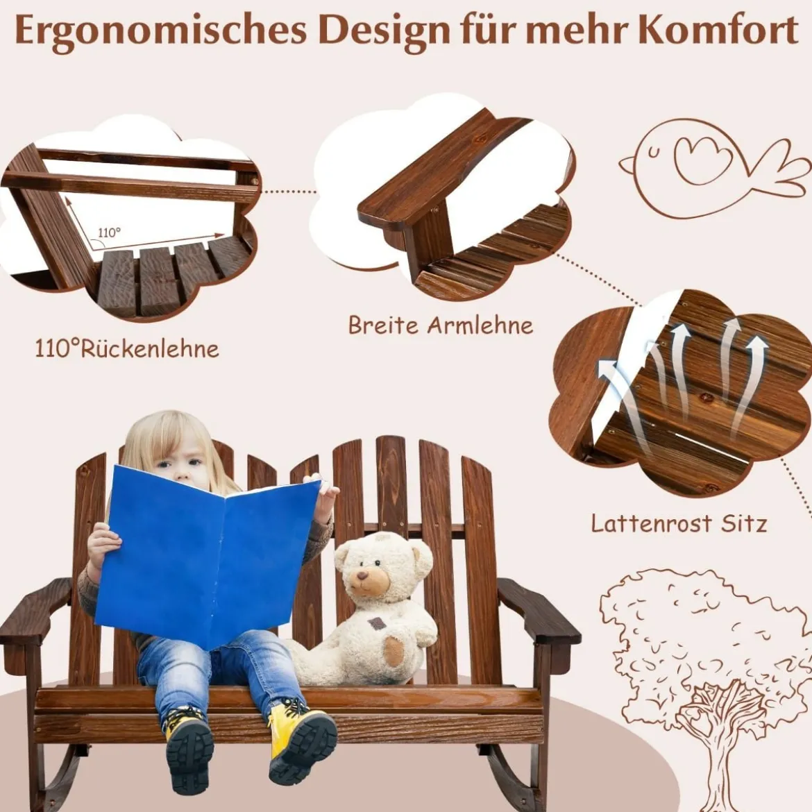 Adirondack-Schaukelstuhl für Kinder 2-Sitzer Gartensessel aus Holz 99,5 x 70 x 68 cm Braun