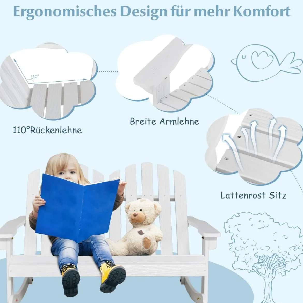 Adirondack-Schaukelstuhl für Kinder 2-Sitzer Gartensessel aus Holz 99,5 x 70 x 68 cm Weiß