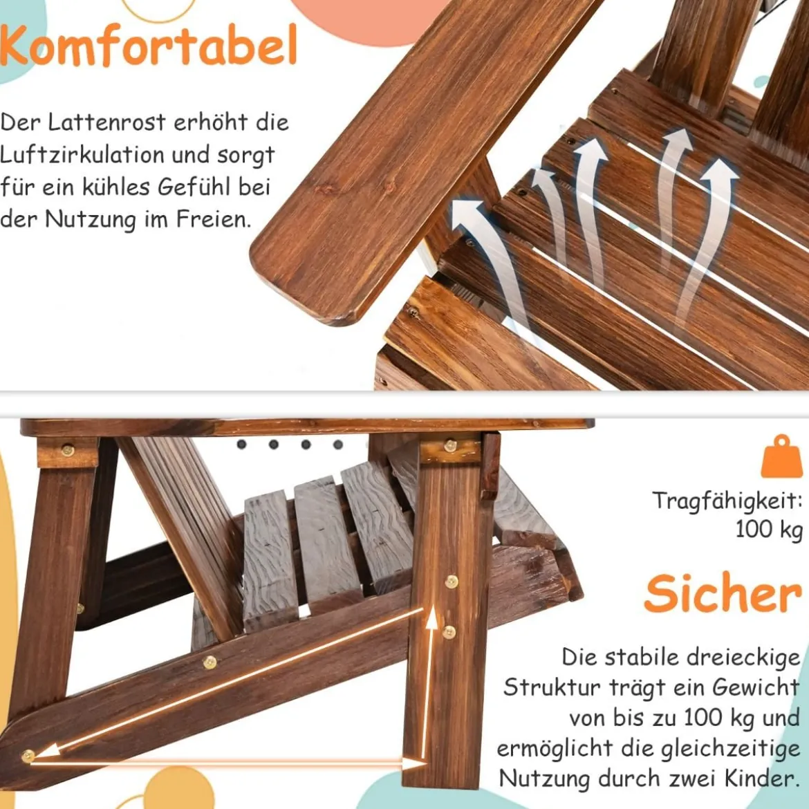 Adirondack-Stuhl für Kinder 2-Sitzer Adirondack Chair aus Holz Braun 99 x 51 x 56,5 cm