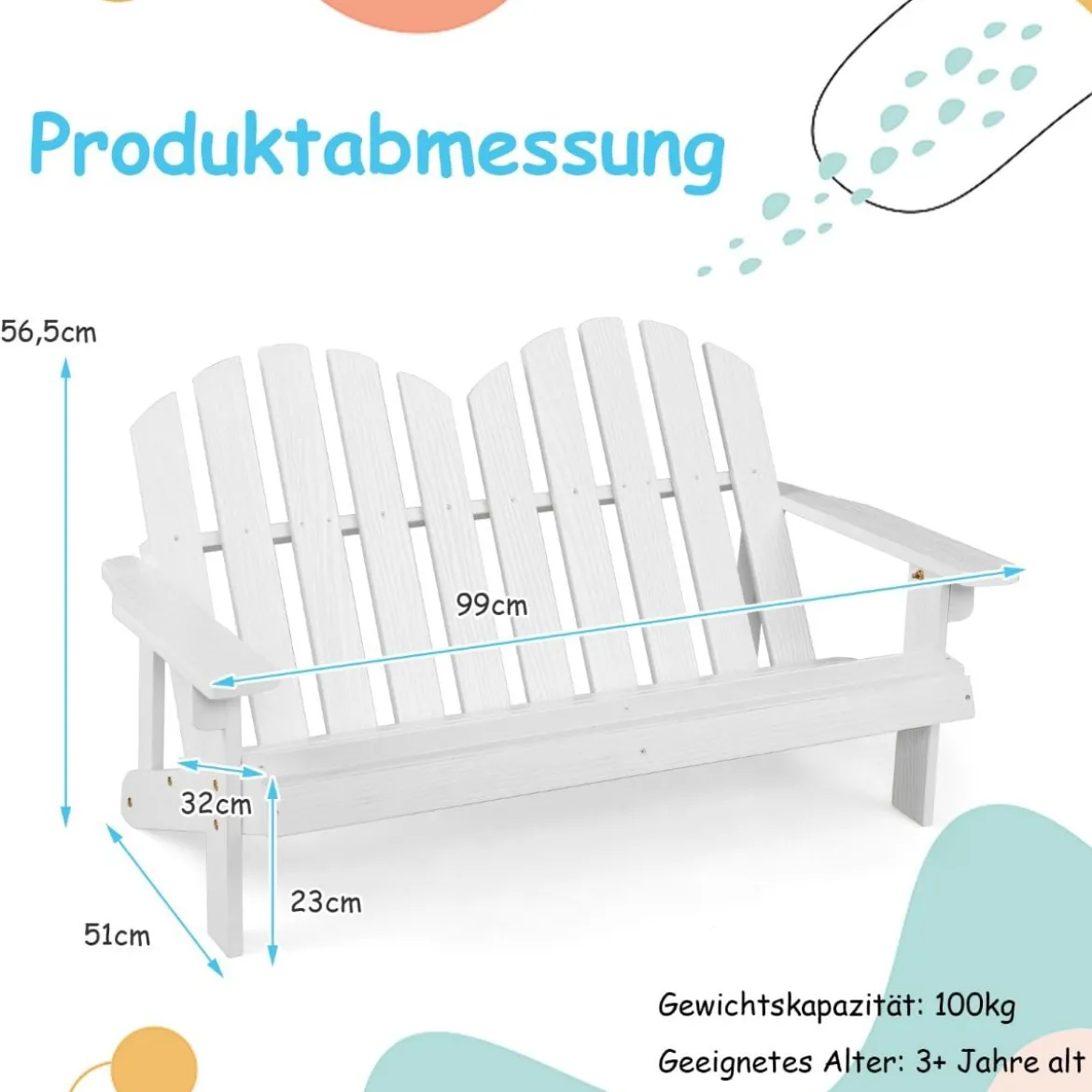 Adirondack-Stuhl für Kinder 2-Sitzer Adirondack Chair aus Holz Weiß 99 x 51 x 56,5 cm