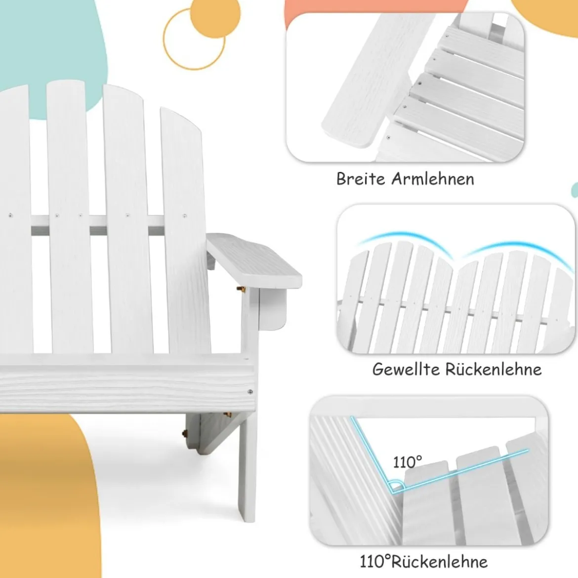 Adirondack-Stuhl für Kinder 2-Sitzer Adirondack Chair aus Holz Weiß 99 x 51 x 56,5 cm