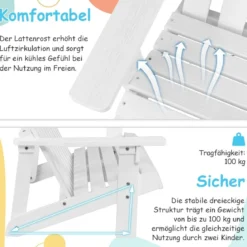 Adirondack-Stuhl für Kinder 2-Sitzer Adirondack Chair aus Holz Weiß 99 x 51 x 56,5 cm