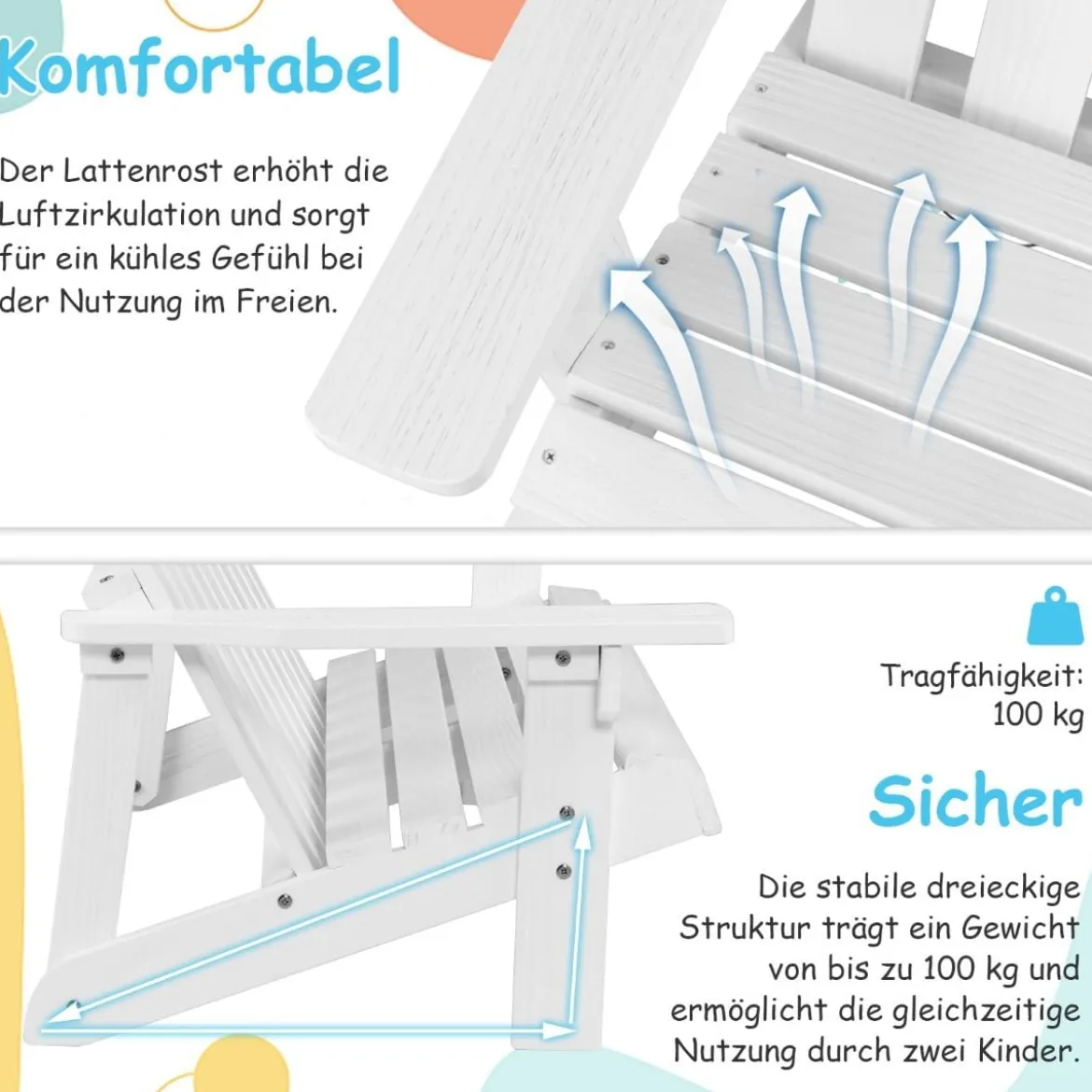 Adirondack-Stuhl für Kinder 2-Sitzer Adirondack Chair aus Holz Weiß 99 x 51 x 56,5 cm