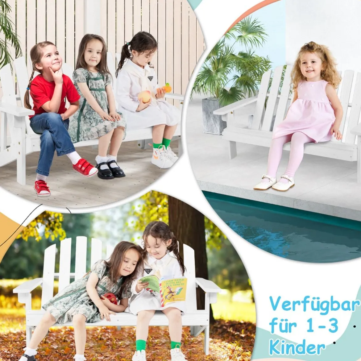 Adirondack-Stuhl für Kinder 2-Sitzer Adirondack Chair aus Holz Weiß 99 x 51 x 56,5 cm