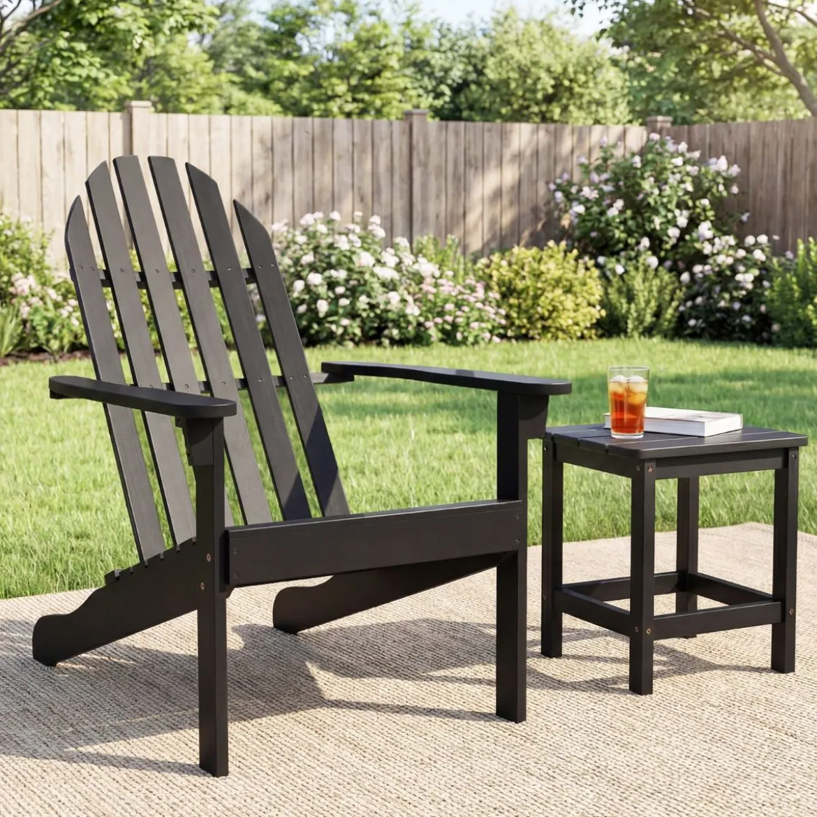 Adirondack Stuhl Gartenstuhl aus Akazienholz mit geneigtem Sitz & hoher Rückenlehne Schwarz