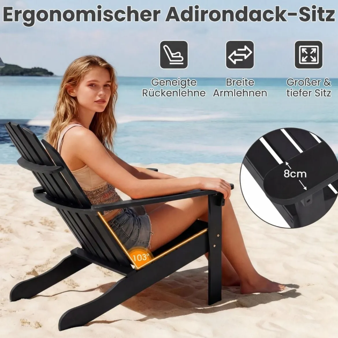 Adirondack Stuhl Gartenstuhl aus Akazienholz mit geneigtem Sitz & hoher Rückenlehne Schwarz