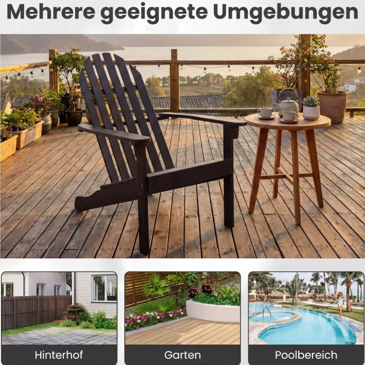 Adirondack Stuhl Gartenstuhl aus Akazienholz mit geneigtem Sitz & hoher Rückenlehne Schwarz