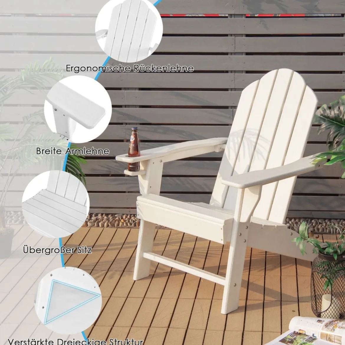 Adirondack-Stuhl mit Getränkehalter Terrassenstuhl Feuerstellenstuhl 85,5 x 78,5 x 94 cm Weiß