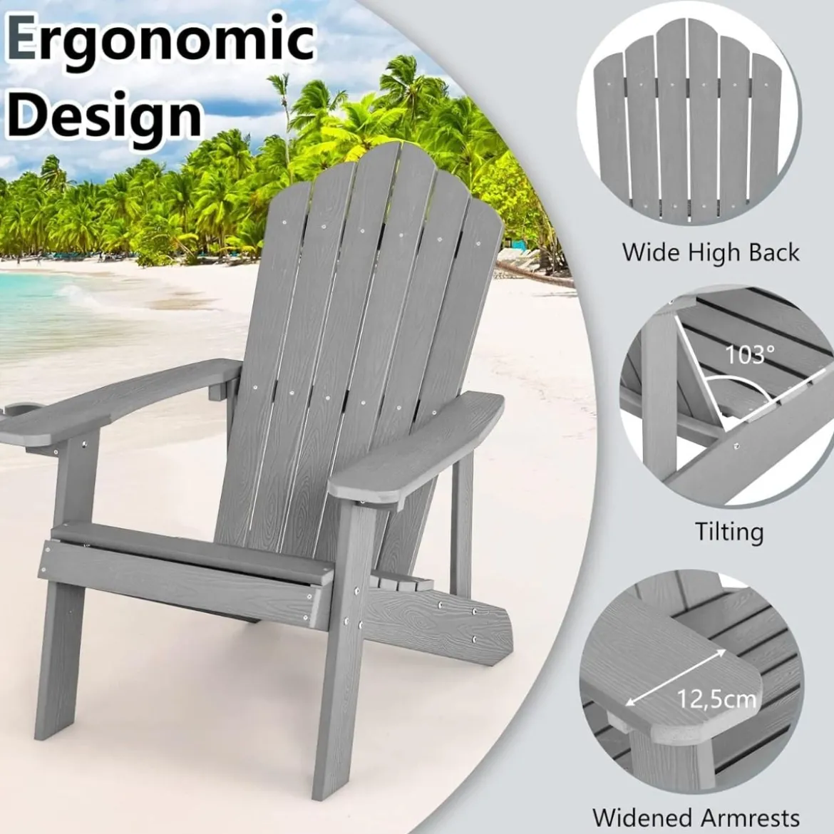 Adirondack Stuhl mit Hochlehner & verstellbarem Getränkehalter Gartenstuhl Balkonstuhl Grau