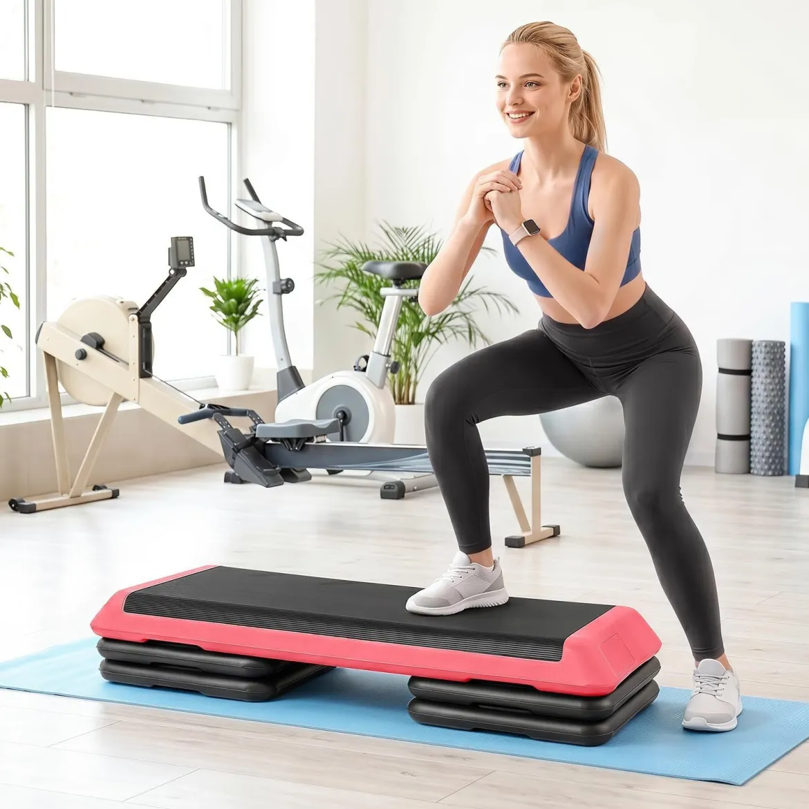 Aerobic Stepper Höhenverstellbar Fitness Stepper mit 4 Stützblöcken Strukturierter Oberfläche Rot