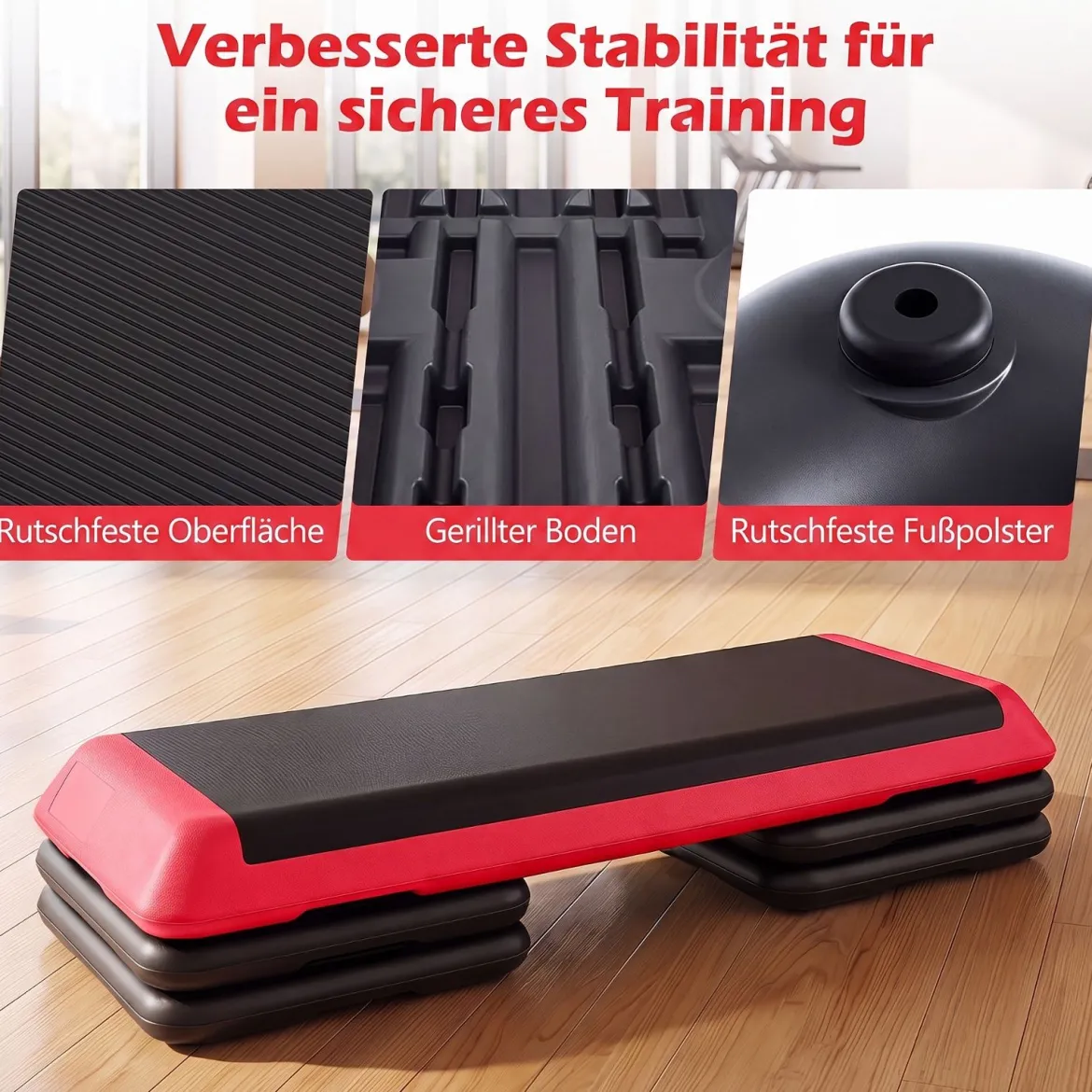 Aerobic Stepper Höhenverstellbar Fitness Stepper mit 4 Stützblöcken Strukturierter Oberfläche Rot