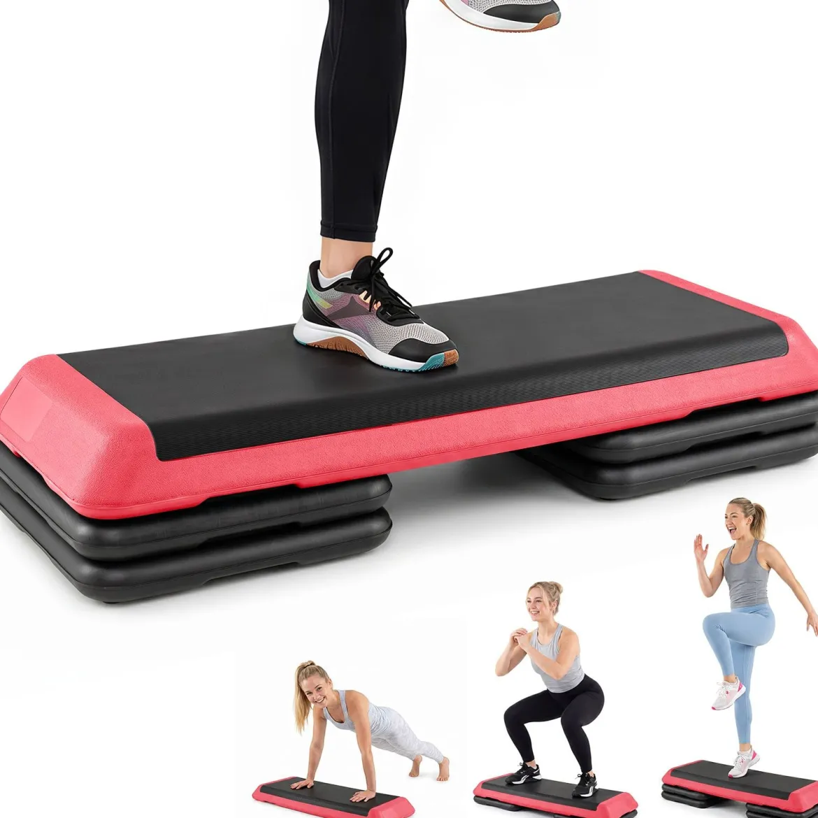 Aerobic Stepper Höhenverstellbar Fitness Stepper mit 4 Stützblöcken Strukturierter Oberfläche Rot