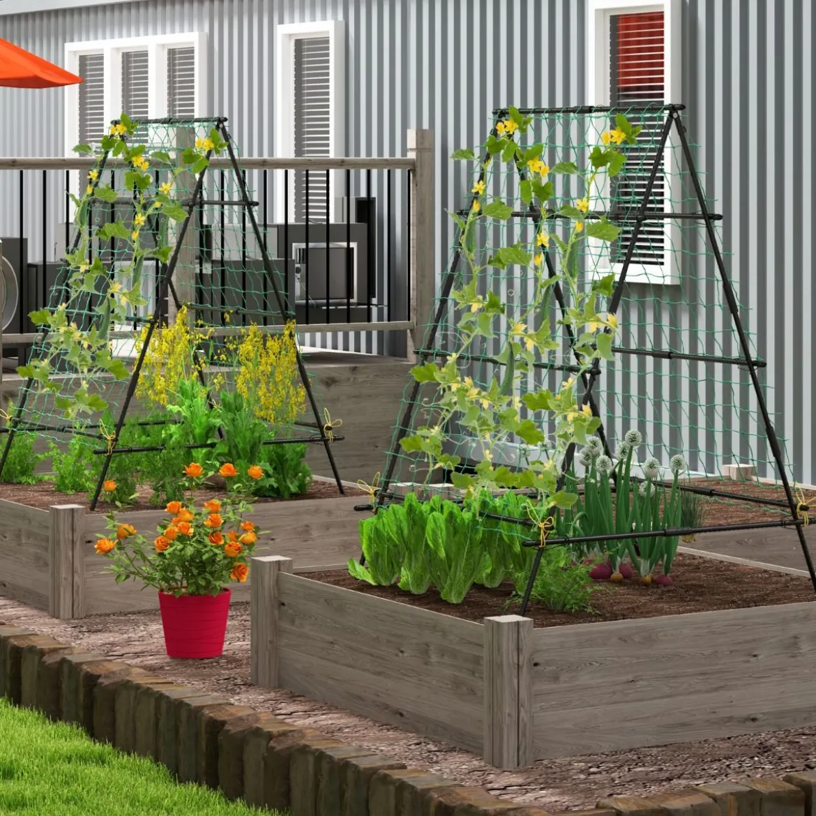 A-förmige Gurke Rankhilfe mit Gartennetz & Pflanzenclips Metall Pflanzenhalter Rankgitter