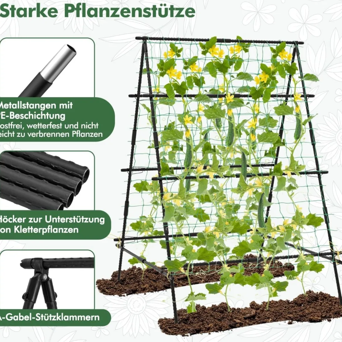 A-förmige Gurke Rankhilfe mit Gartennetz & Pflanzenclips Metall Pflanzenhalter Rankgitter