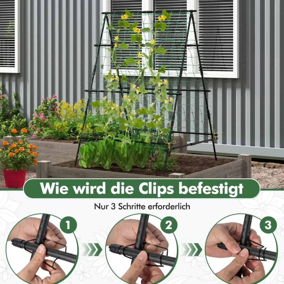 A-förmige Gurke Rankhilfe mit Gartennetz & Pflanzenclips Metall Pflanzenhalter Rankgitter