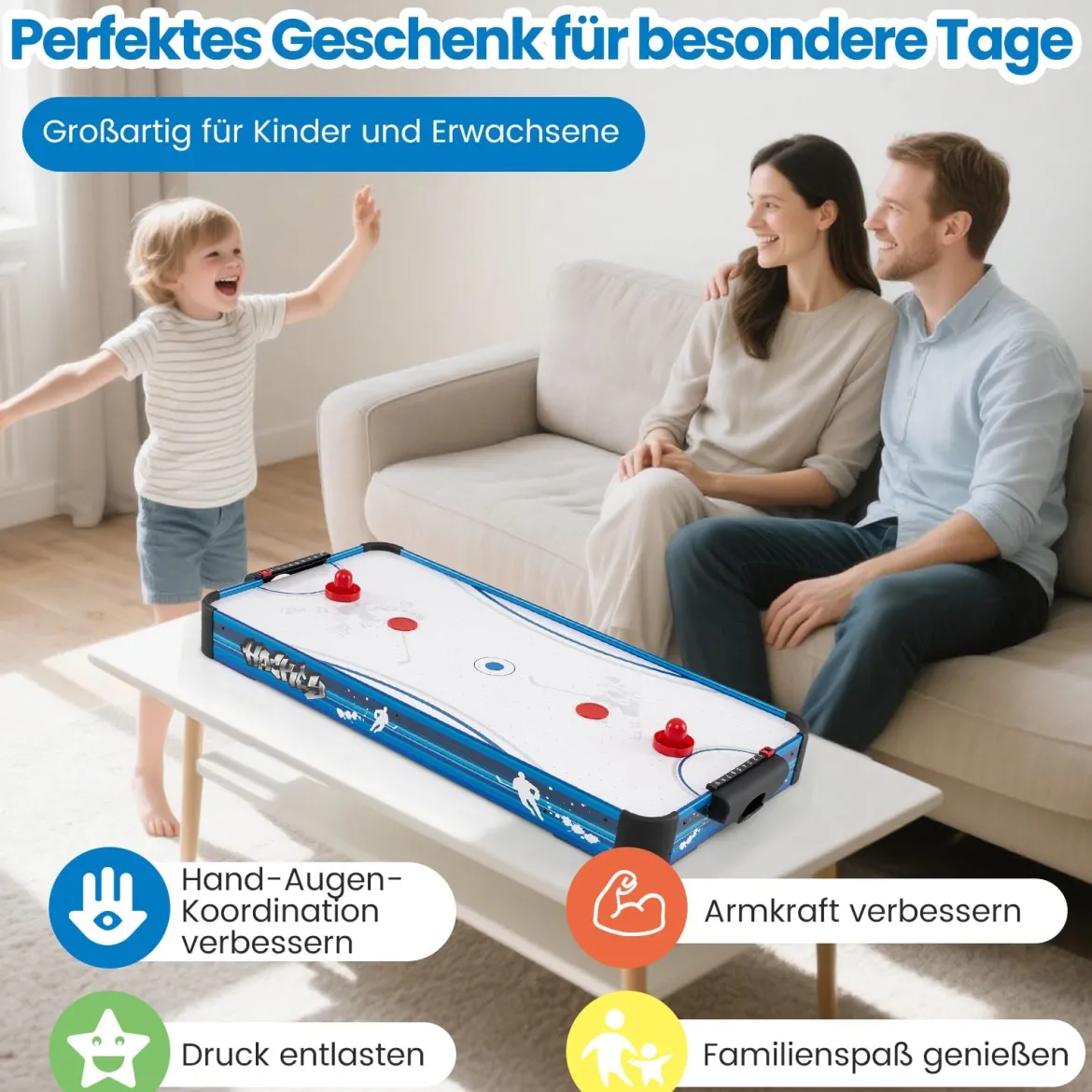Airhockey Tisch mit 12V Motor & 2 Pucks & 2 Schieber Elektrischer Air Hockey Spieltisch Lufthockey