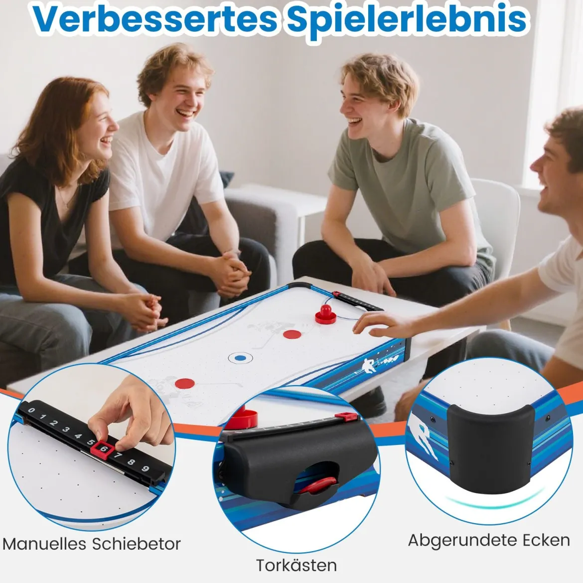 Airhockey Tisch mit 12V Motor & 2 Pucks & 2 Schieber Elektrischer Air Hockey Spieltisch Lufthockey